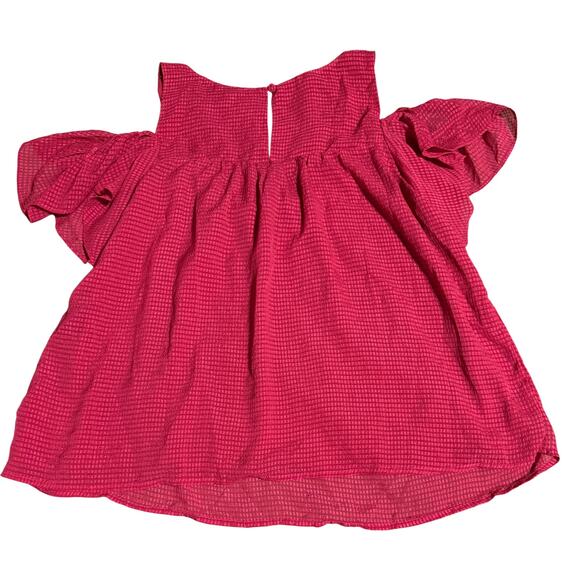 Anthro Maeve SZ 14 Magenta Gingham Top Cold Shoulder Micro Plaid Flutter Sleeve - Picture 4 of 10